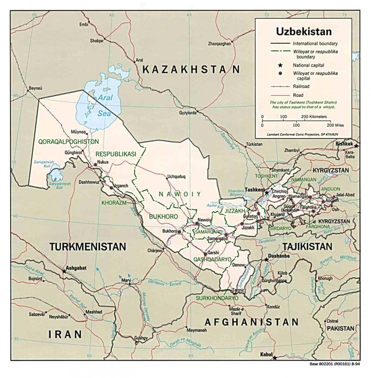 kartta Uzbekistan ympäröivien maiden