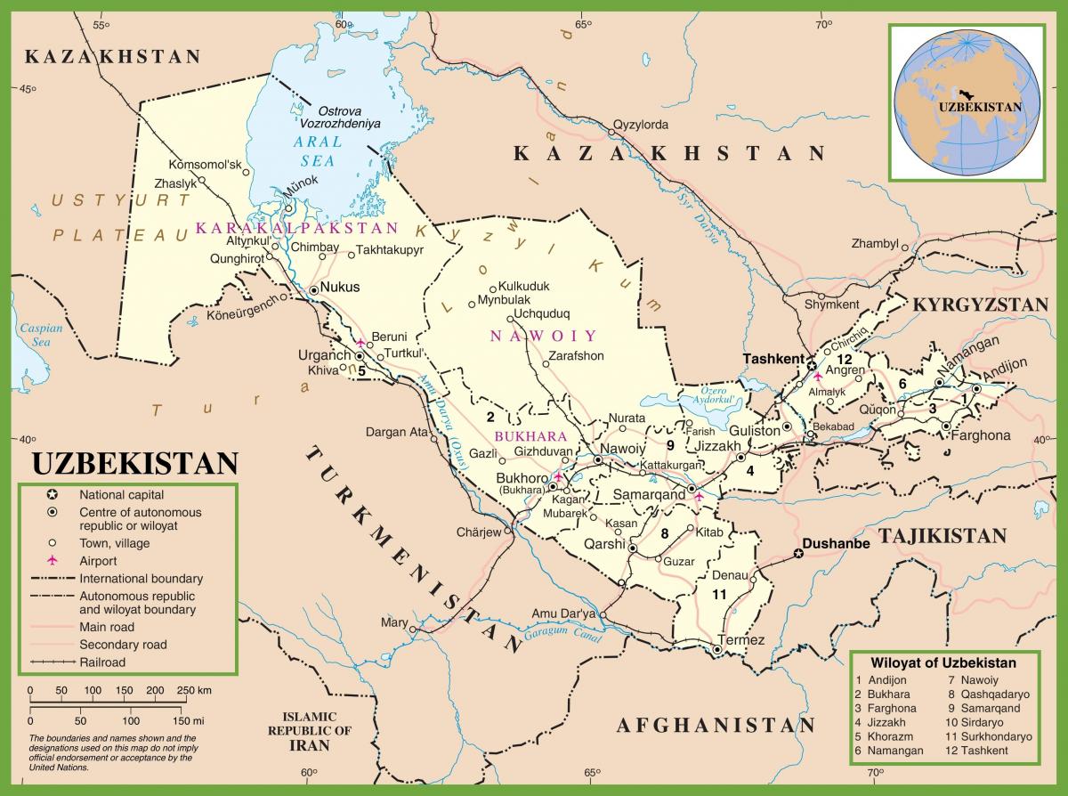 kartta Uzbekistanin poliittisen 