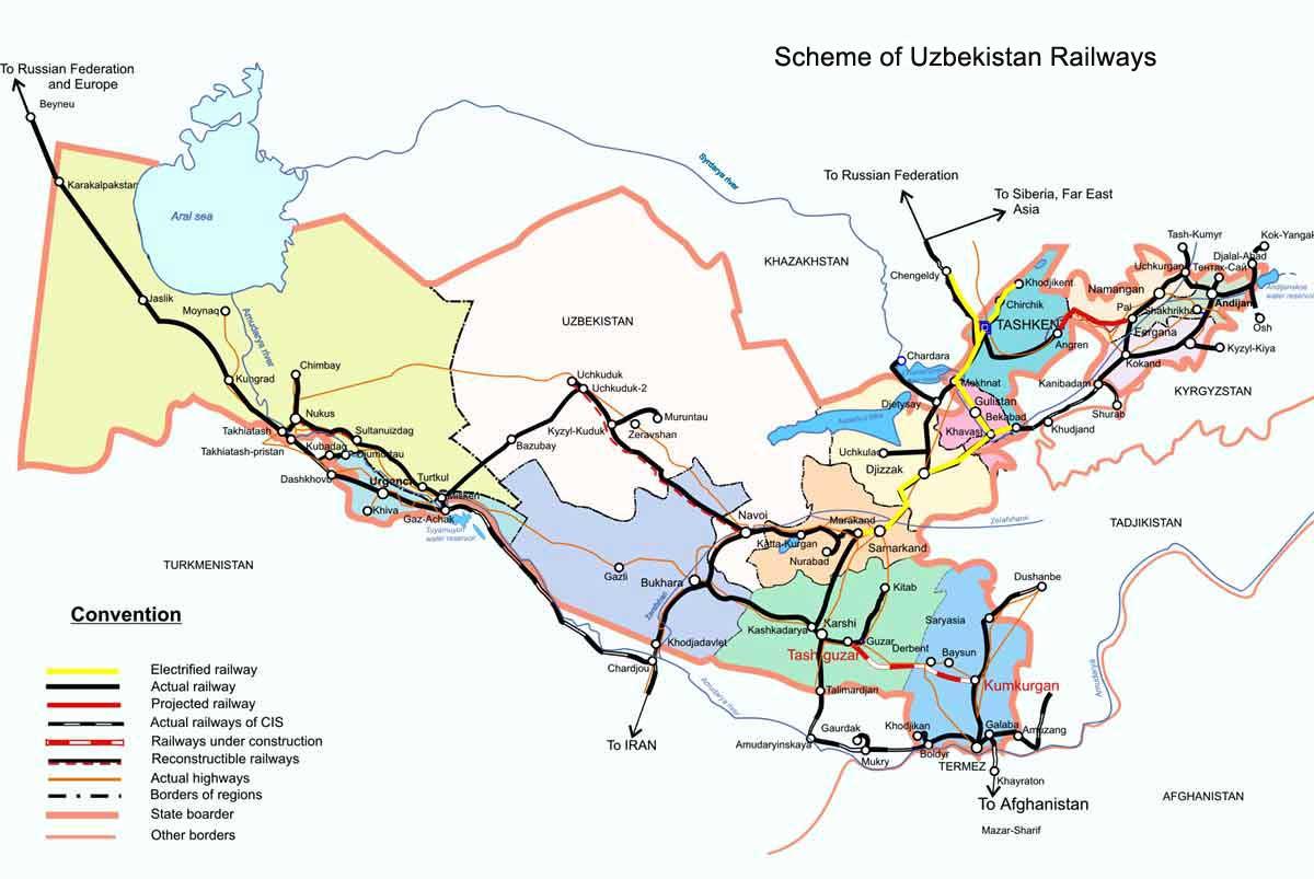 Uzbekistan juna kartta - Uzbekistan railway kartta (Keski-Aasia - Aasia)