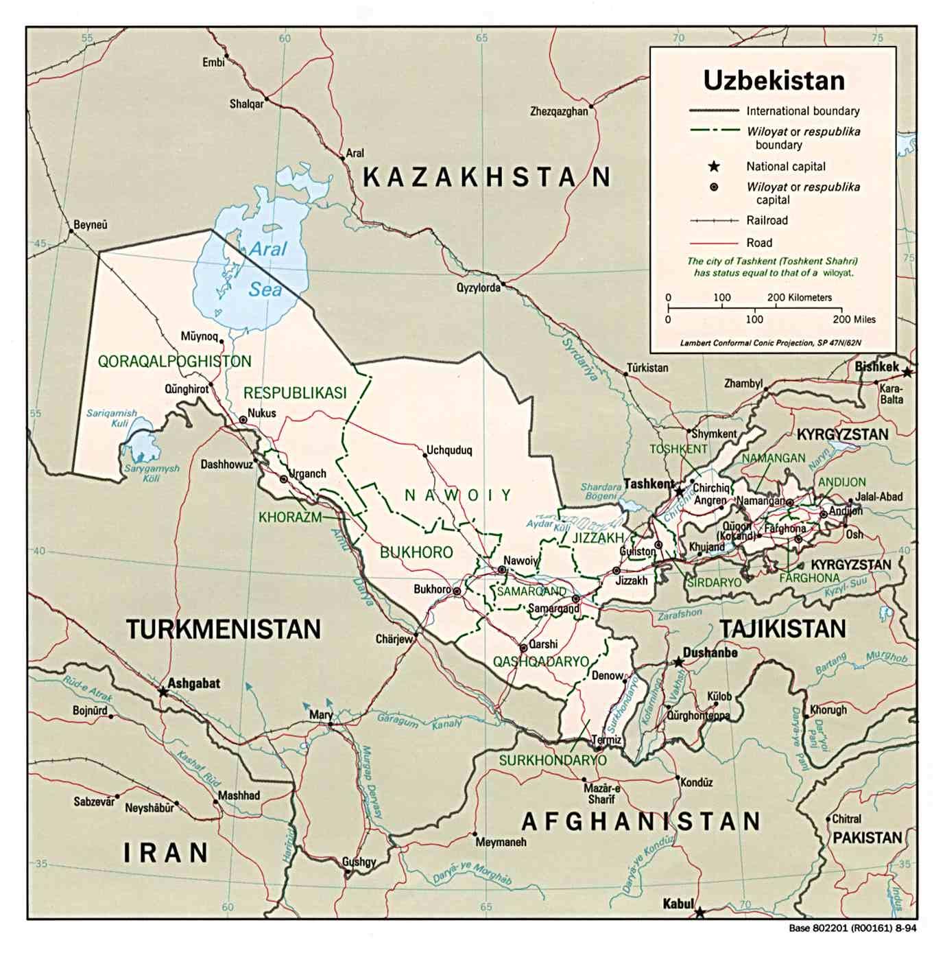 Uzbekistanin kartta ja naapurimaat - Kartta Uzbekistan ympäröiviin maihin  (Keski-Aasia - Aasia)