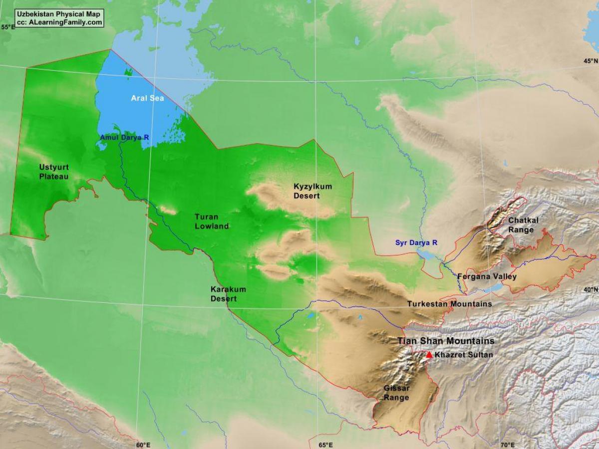 Uzbekistan fyysinen kartta - Kartta Uzbekistan fyysinen (Keski-Aasia -  Aasia)