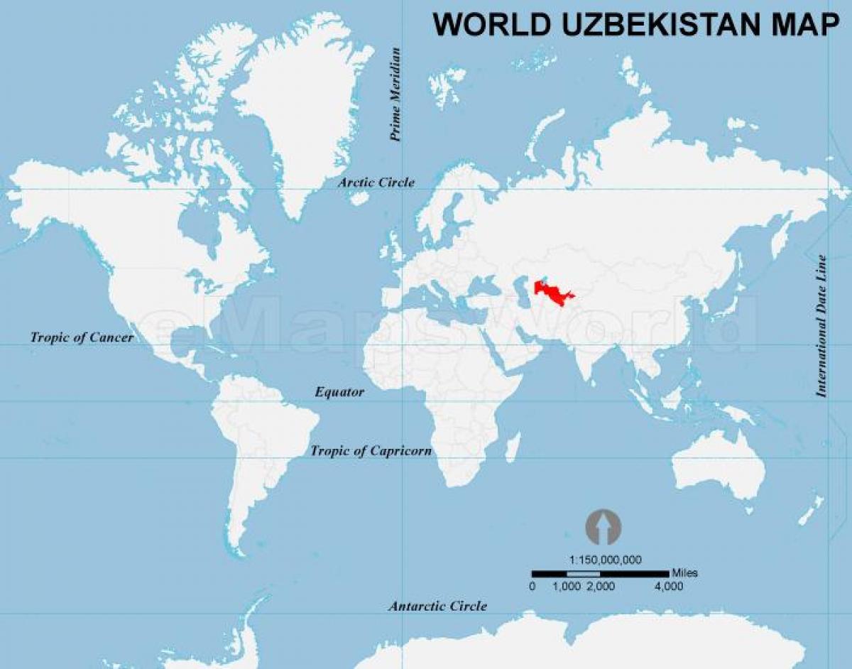 Uzbekistan on maailman kartta - Uzbekistan sijainti maailman kartta  (Keski-Aasia - Aasia)